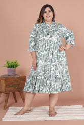 Plus Size Green Cotton Blend Flared Frock Style -600011